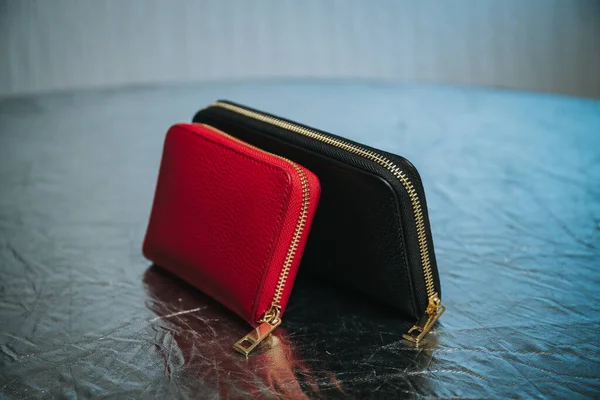 Closeup Red Black Leather Purses Placed Together Silver Surface — Stock Fotó