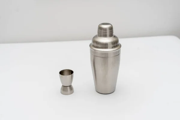 Closeup Silver Cocktail Shaker White Surface — 스톡 사진
