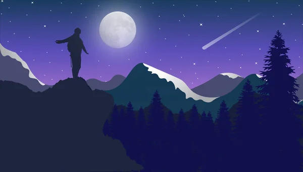 Illustration Person Standing Mountains Starry Sky Full Moon Night — Stockfoto