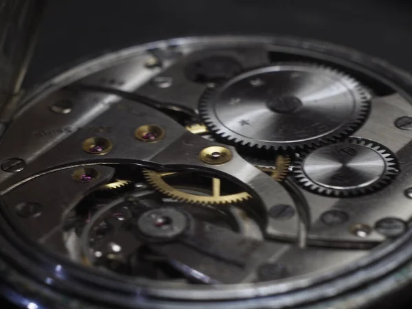 Closeup Hand Watch Mechanism Gears Lights — 图库照片