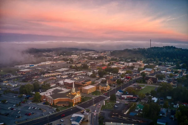 Aerial View Sevierville Buildings Trees Hazy Fall Sunrise Tennessee — ストック写真