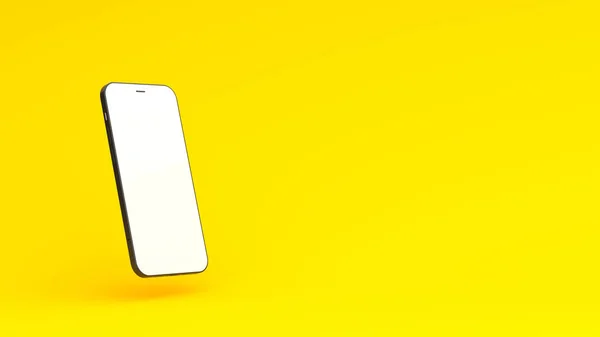 黄色の背景に隔離されたコピースペースを持つ携帯電話の3Dレンダリング — ストック写真