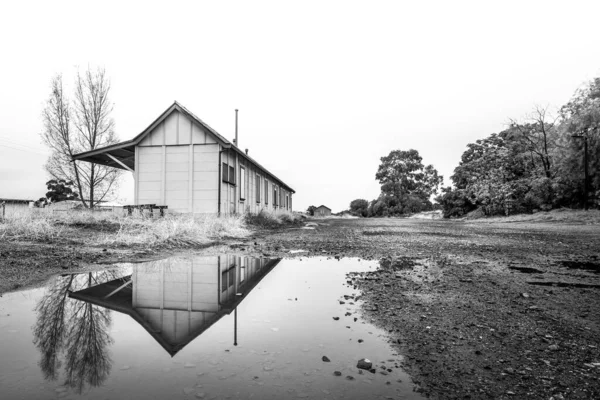 Grayscale Shot Small Rural House Reflecting Muddy Pond — Photo