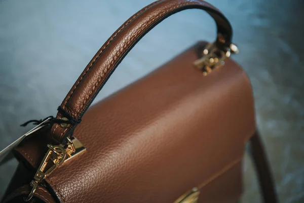 Closeup Brown Leather Female Handbag Table — стоковое фото