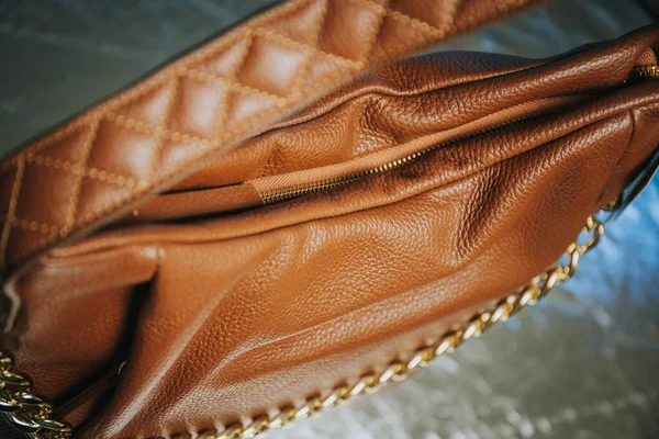 Closeup Brown Leather Female Handbag Table — Stock Photo, Image