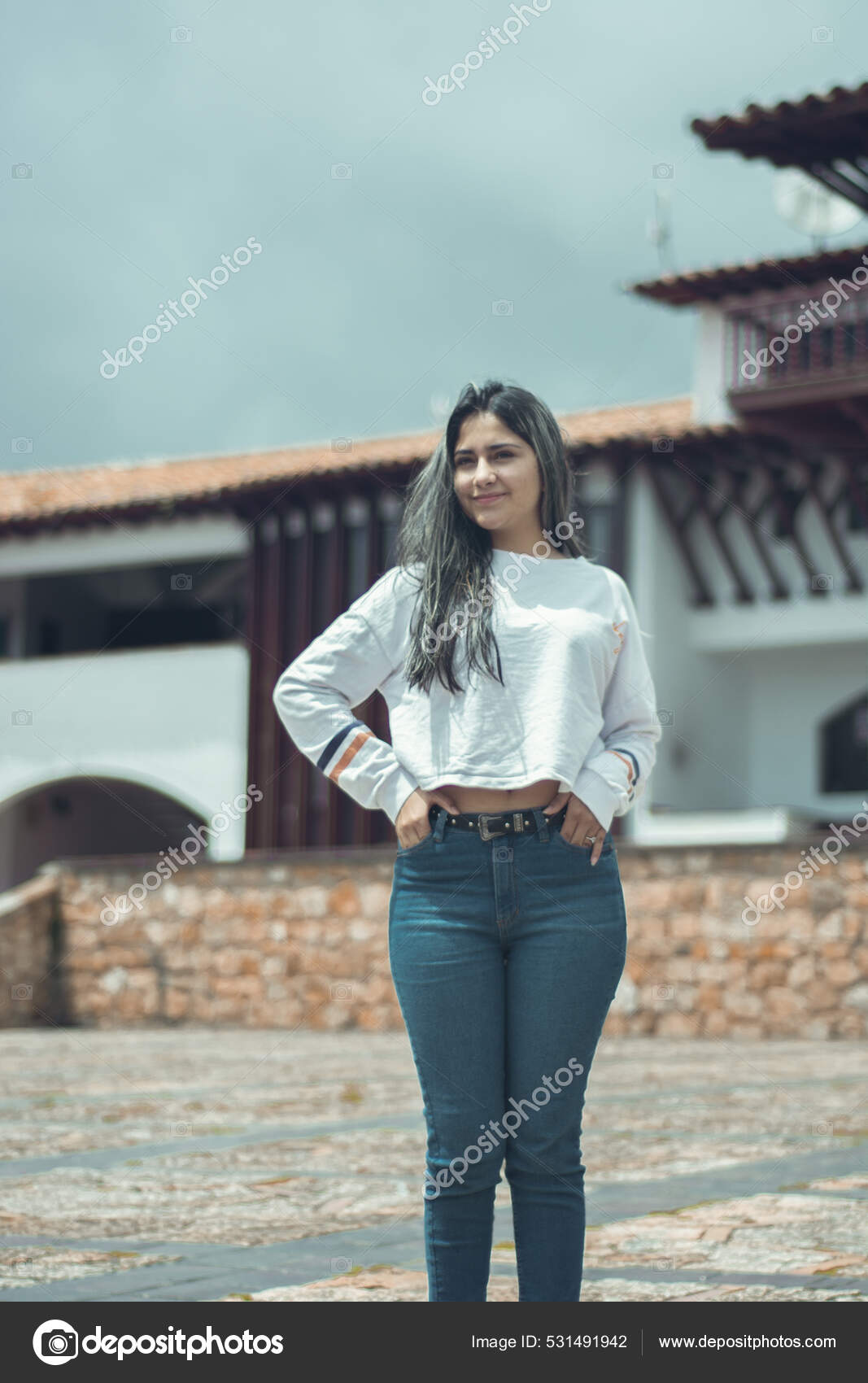 Young Colombian Woman Dressed White Blouse Stock Photo 365303693