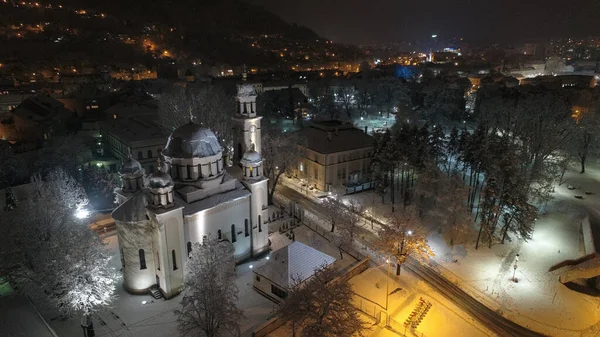 Aerial Shot Snow Covered Town Snow Storm Nighttime — Fotografia de Stock