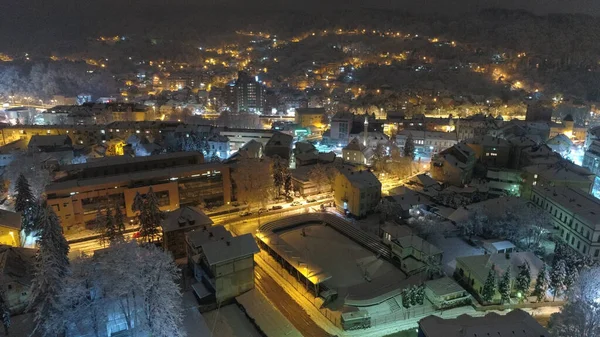 Aerial Shot Snow Covered Town Snow Storm Nighttime — Fotografia de Stock