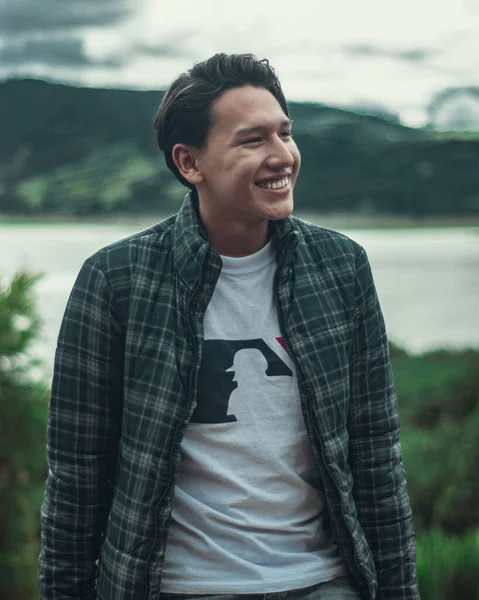 Young Cheerful Colombian Male Smiling Posing Lake Background — Stock Photo, Image