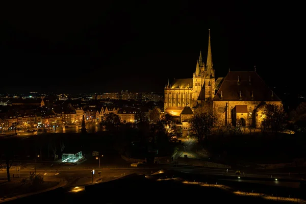 Beautiful Cathedral Buildings Illuminated Lights Night Erfurt Germany — Stock Photo, Image