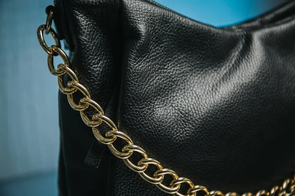 Closeup Black Leather Female Handbag Table — Fotografia de Stock