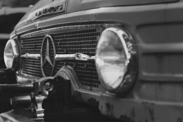 Unterhaching Germany Jun 2019 Grayscale Front Sign Mercedes Benz Oldtimer — стоковое фото