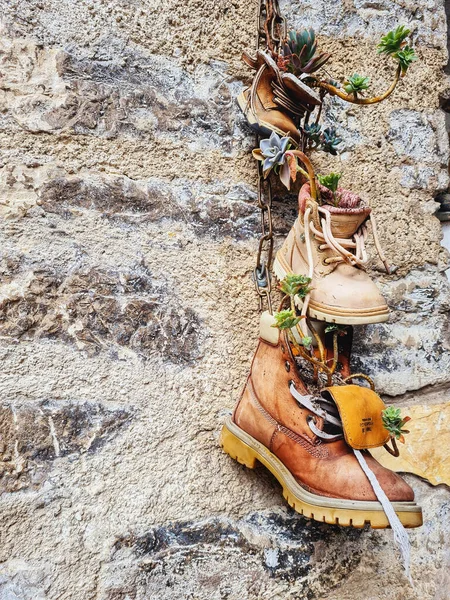 Vertical Shot Wall Decorated Planters Made Different Sized Boot — Stock Fotó