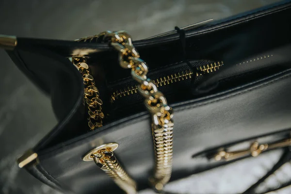 Closeup Black Leather Female Handbag Table — Fotografia de Stock