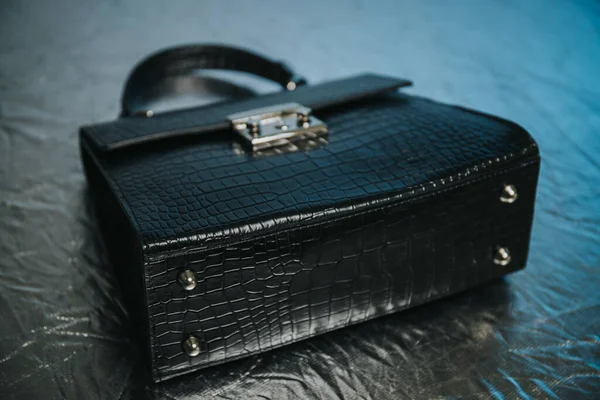 Closeup Beautiful Black Leather Purse Silver Detailings — стоковое фото