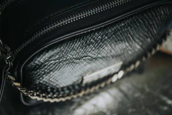 Closeup Black Leather Bag Silver Chain — Stock Fotó