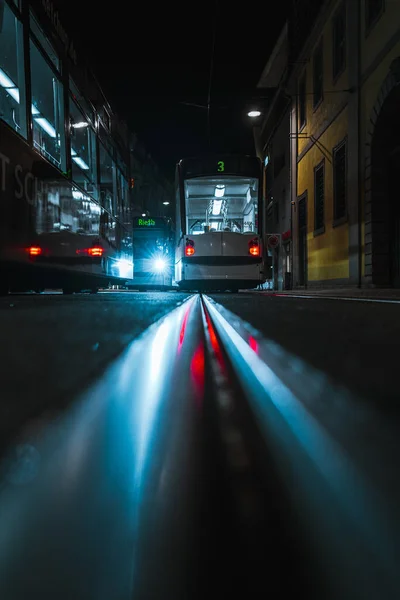 Vertical Shot Streetcar Lights Buildings Night — Stock Photo, Image