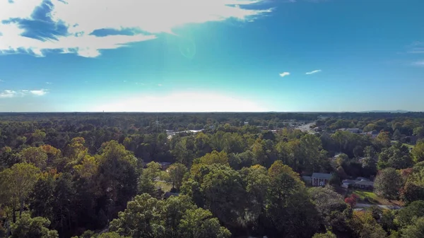 Aerial View Small Village Surrounded Forested Landscapes — Zdjęcie stockowe