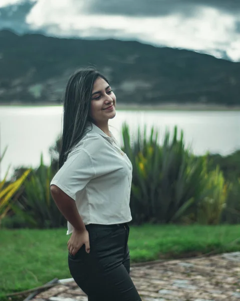 Young Attractive Colombian Female Wearing White Shirt Black Pants Posing — ストック写真