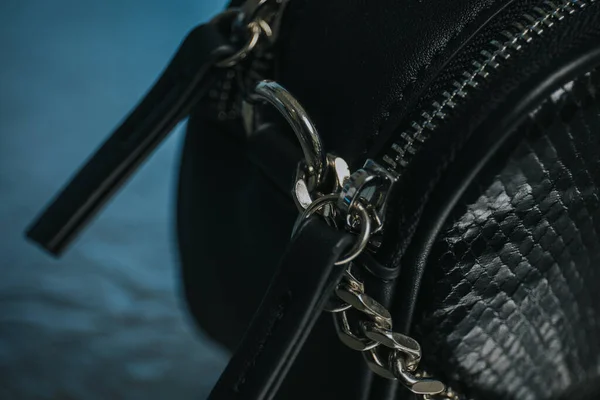 Closeup Black Leather Female Handbag Table — Fotografia de Stock