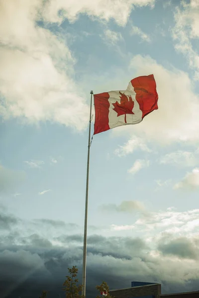 Vertical Shot Waving Canadian Flag Cloudy Sky — Foto de Stock
