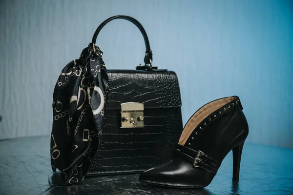 Closeup Black Leather Handbag Placed Next Single Leather Shoe — Fotografia de Stock