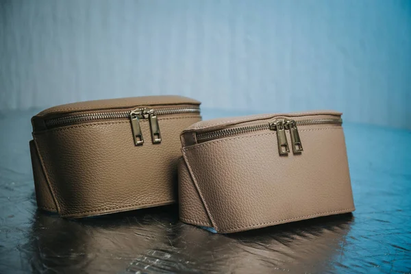 Closeup Two Small Leather Bags Metal Zippers Them — Stockfoto