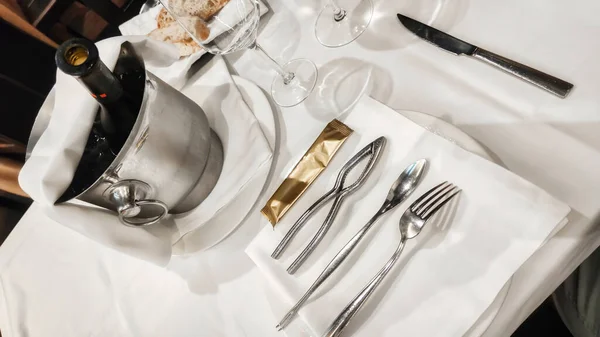 Restaurant Table Silver Tableware Bottle Wine Bucket Full Ice — 스톡 사진