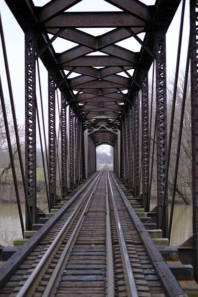 Perspective View Metal Railroad Bridge River — Stok fotoğraf