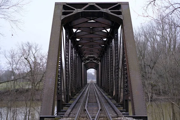Perspective View Metal Railroad Bridge River — Stock fotografie