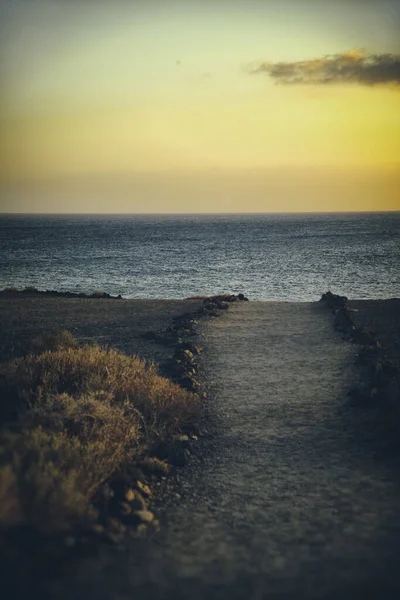 Gün Batımında Sahile Giden Bir Yolun Dikey Görüntüsü — Stok fotoğraf