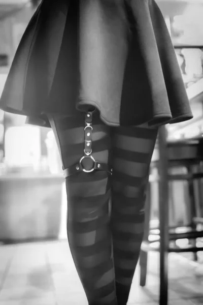Vertical Grayscale Shot Girl Legs Striped Tights Skirt — Fotografia de Stock