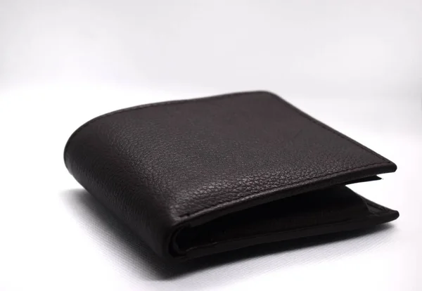 Closeup Shot Black Leather Wallet Isolated White Background — Fotografia de Stock