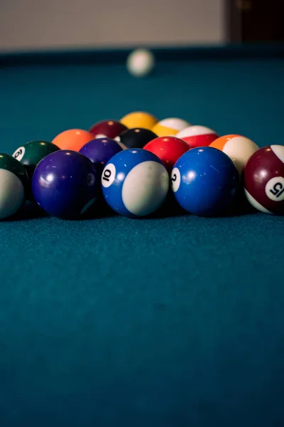 Vertical Shot Colored Billiard Balls Pool Table — Fotografia de Stock