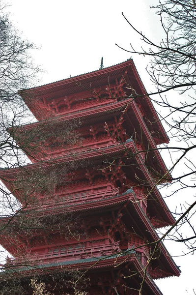 Uma Visão Vertical Baixo Ângulo Toren Japonesa Vermelha Coberta Com — Fotografia de Stock