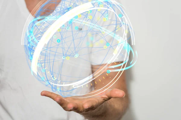 Holograma Uma Esfera Feita Pontos Interligados Palma Mão Homem Rede — Fotografia de Stock