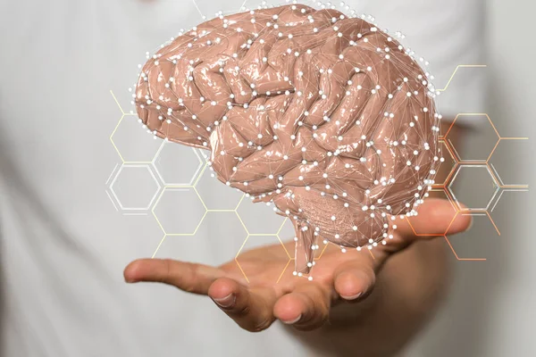 Darstellung Eines Gehirn Hologramms Auf Der Handfläche Eines Informatikers Konzept — Stockfoto