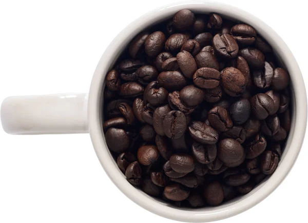 Blick Von Oben Auf Eine Tasse Mit Kaffeebohnen Auf Weißem — Stockfoto