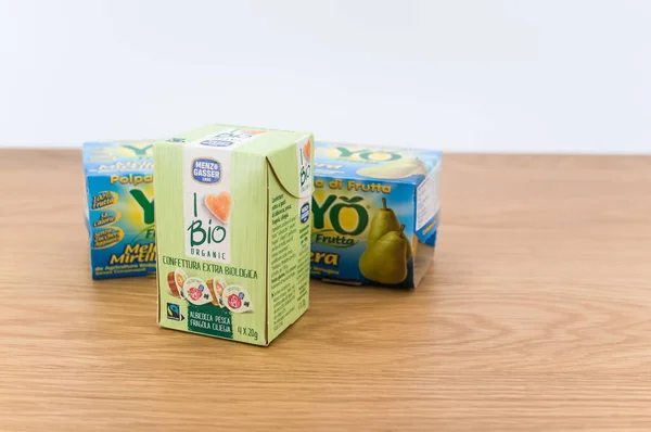 Inverigo Italy Nov 2021 Packaged Bio Organic Fruit Pulps Jams — Stock Photo, Image