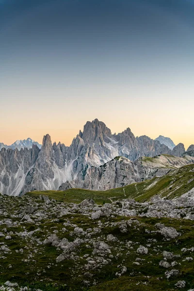 Tranquil Landscape Majestic Dolomite Mountains Golden Sunrise Italy — Stock Photo, Image