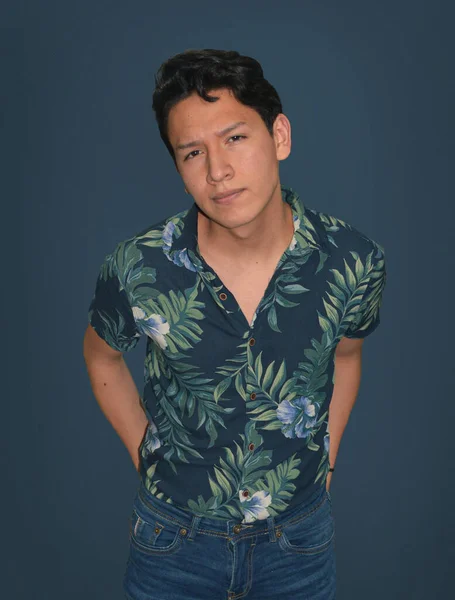 Vertical Shot Young Colombian Male Wearing Floral Shirt Posing Blue — Stock Photo, Image