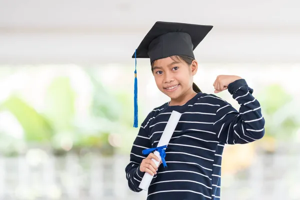 Shallow Focus Shot Happy Thai Kid Graduation Hat Diploma — Stock Photo, Image