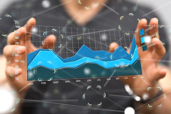 Ein Geschäftsmann Studiert Profittrends Durch Eine Darstellung Eines Graphen Hologramms — Stockfoto