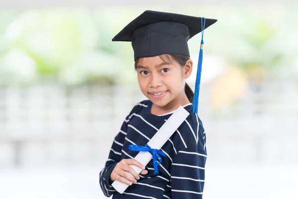 Shallow Focus Shot Happy Thai Kid Graduation Hat Diploma — Stock Photo, Image