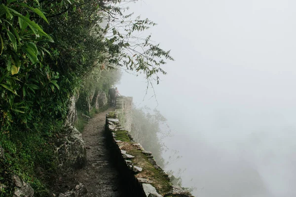 Una Hermosa Vista Las Ruinas Machu Picchu Cubiertas Niebla Perú — Foto de Stock