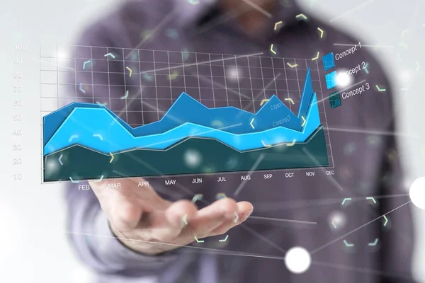 Egy Üzletember Aki Profittrendeket Tanulmányozott Egy Grafikonhologram Ábrázolásával Tenyerén — Stock Fotó