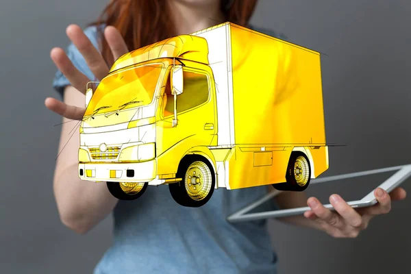 Hologramme Camion Pour Planification Logistique Projetant Partir Tablette Une Femme — Photo