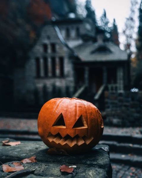 Disparo Vertical Una Calabaza Tallada Sobre Piedras Con Una Casa —  Fotos de Stock