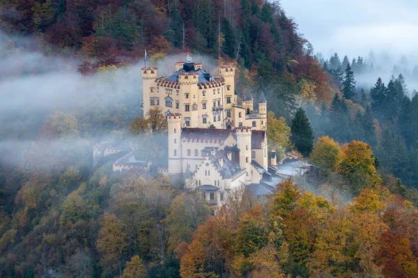 Una Vista Aérea Del Castillo Hohenschwangau Una Colina Brumosa Alemania — Foto de Stock
