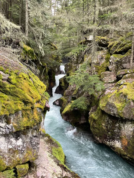 Tiro Vertical Água Rio Que Flui Através Das Rochas Musgosas — Fotografia de Stock